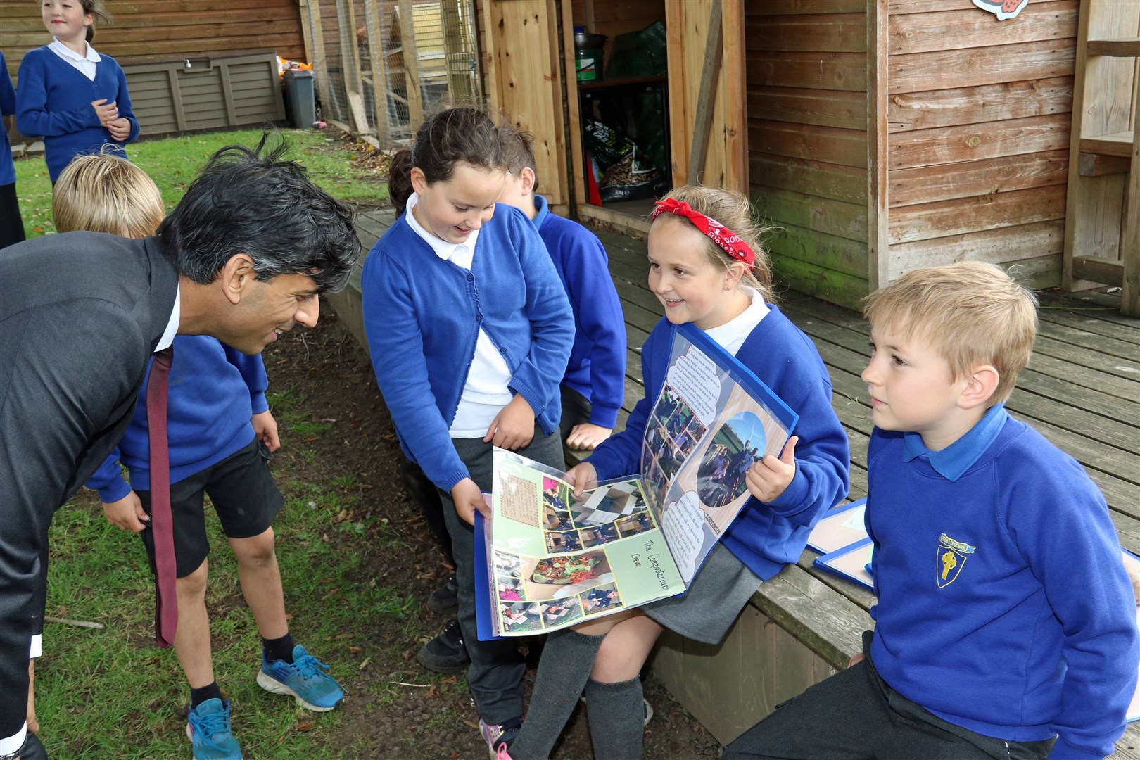 Rishi Sunak with pupils from the Pickhill Church of England Primary School eco team near Thirsk, North Yorkshire (Ian Lamming/PA)