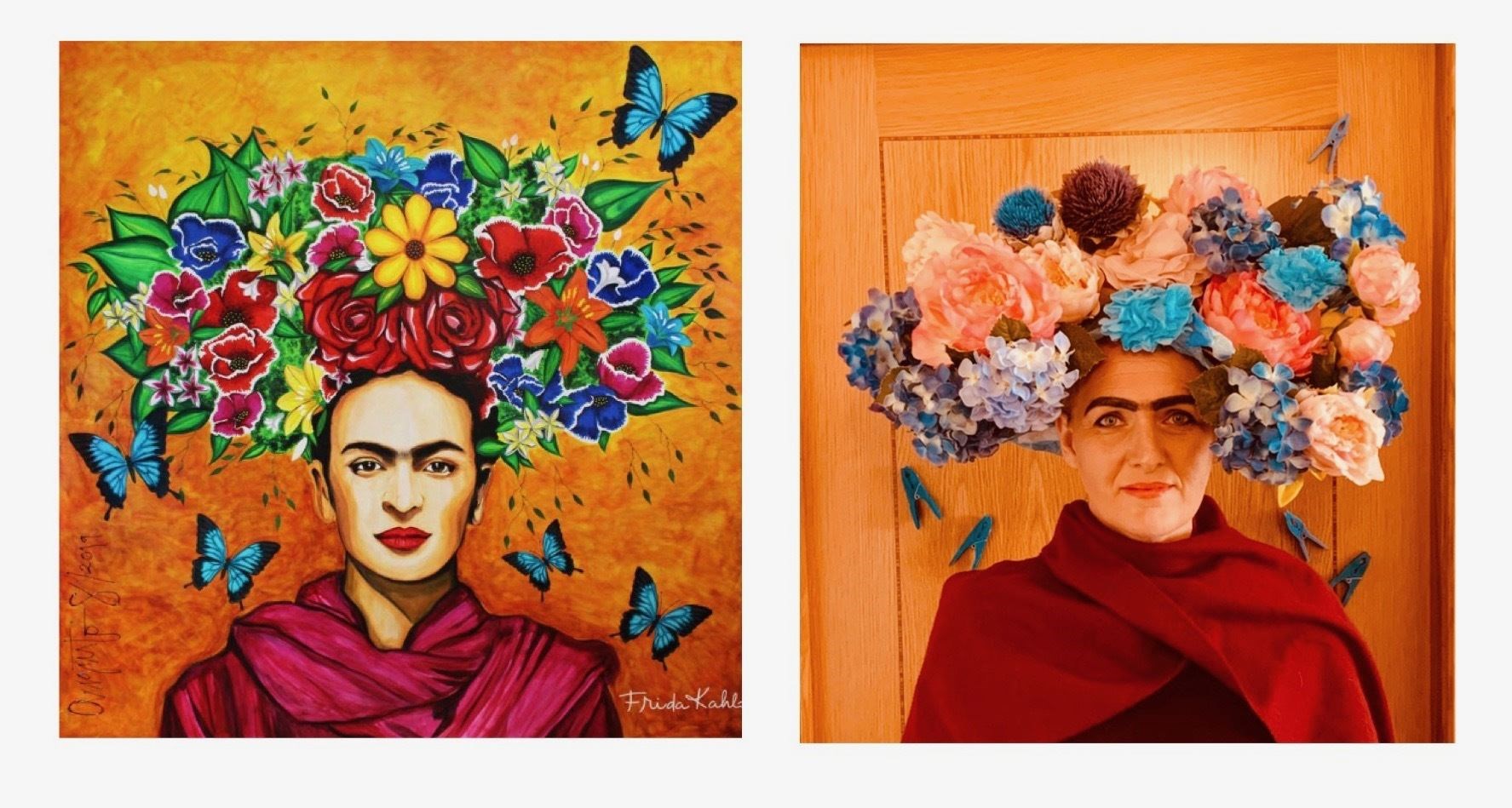 Teacher Dawn Ure with her creation which kick-started the project, Mexican painter Frida Kahlo, painted by Augusto Sanchez. She improvised with clothes pegs for the butterflies.