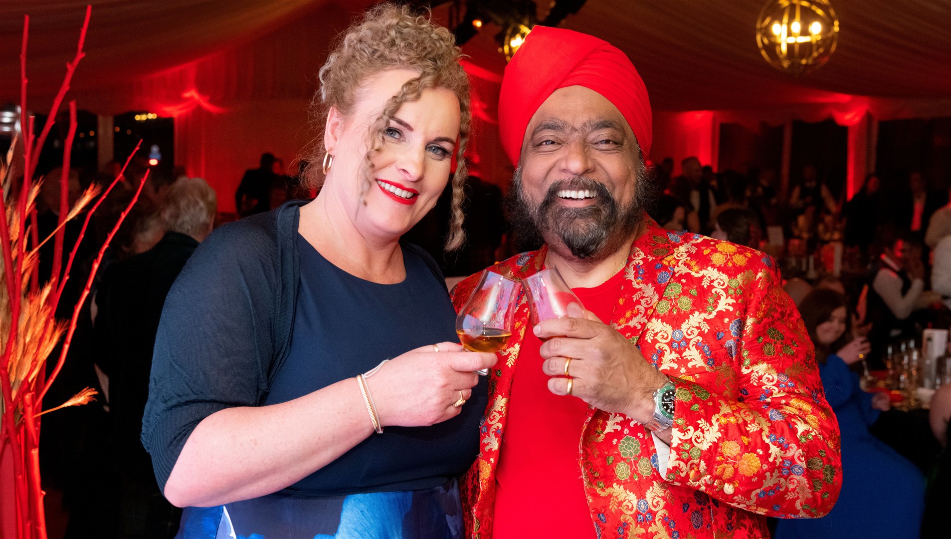 Vice Chair, Sarah Burgess and Celebrity Chef, Tony Singh. Spirit of Speyside Whisky Festival Opening Dinner 2024 held at The Macallan Distillery Estate. Picture: Beth Taylor