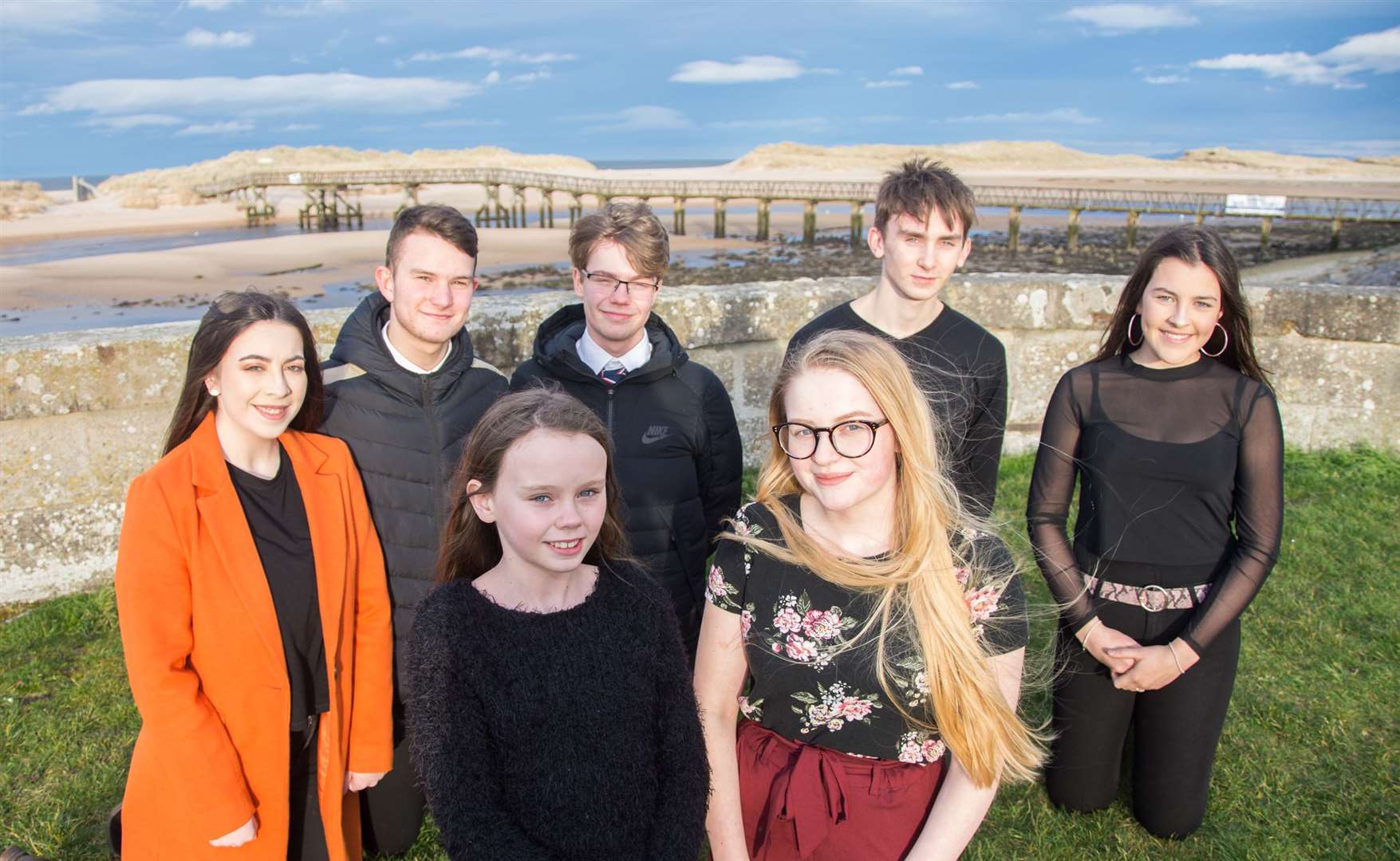 Classically trained singers (from left) Eilidh Ross, Callum Baker, Matthew Hamilton, Ewan Kendrick and Keryn Stronach with Erin Grant (front left) and Amy Anderson (front right) who will be taking part in a concert to raise funds for the East Beach Bridge Renovation.Picture: Becky Saunderson. Image No. 043527.