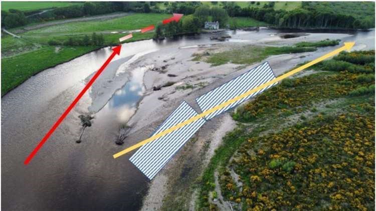 The red line indicates the river's current movement while the yellow line indicates the route ICC say the river needs to be redirected.