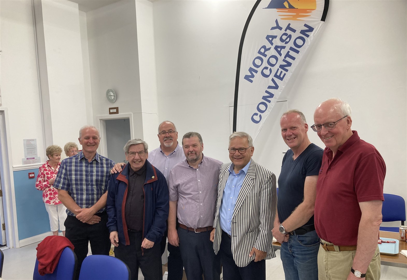 Moray Coast Convention chairman Bill Mowat (third left), and guest speakers Roger Carswell (third right) and Rev Dr Colin Dow (second right) are joined by committee members (from left) Alex Bain, Graeme Thain, Rev Graham Swanson and John Matheson. Picture: Moray Coast Convention