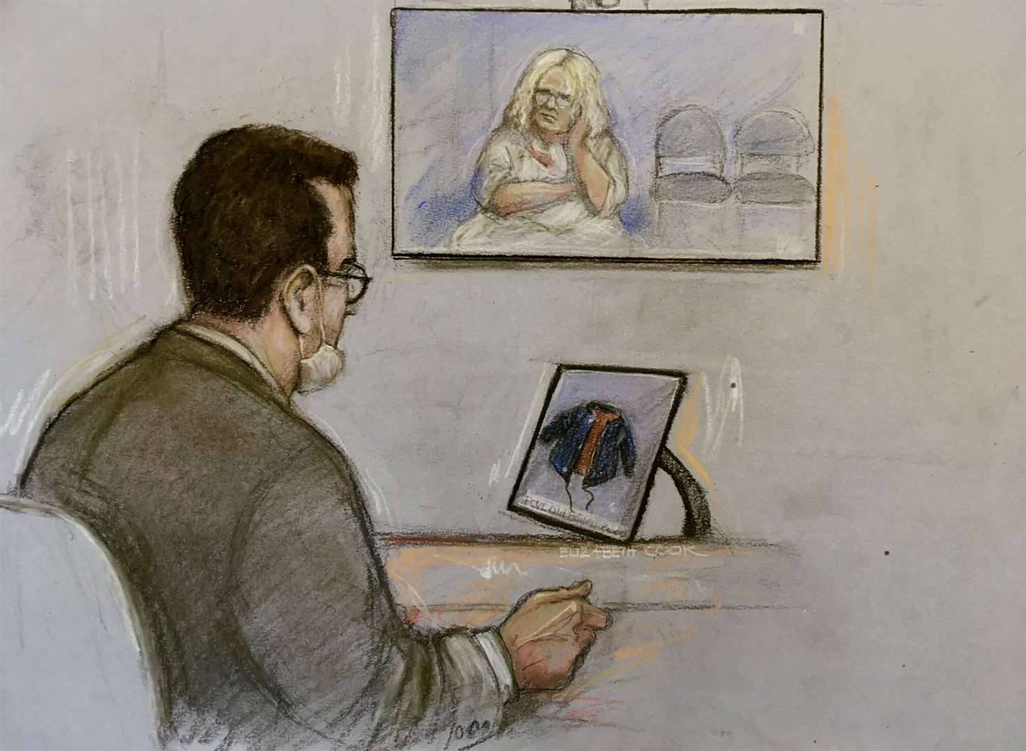 Court artist sketch of Ruth Neave, mother of Rikki Neave, appearing via video link at the Old Bailey, London (Elizabeth Cook/PA)