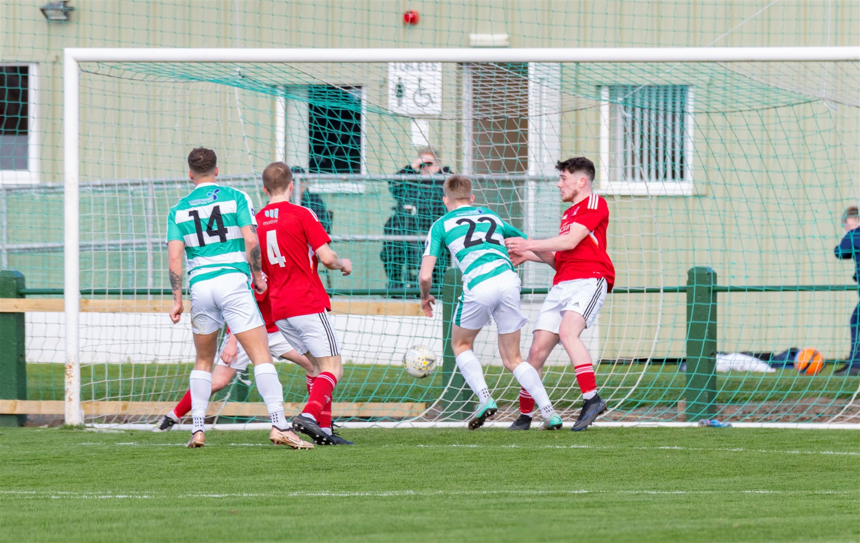 Buckie's Lyall Keir scores the equaliser.Buckie Thistle F.C. (6) v Deveronvale F.C. (1) at Victoria Park, Buckie, Highland Football League.Picture: Beth Taylor