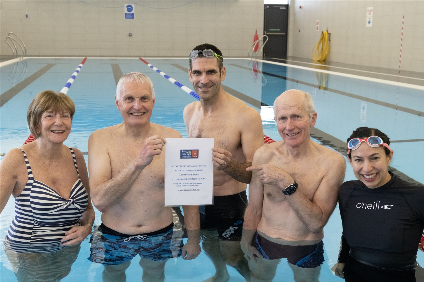 From left: Margaret Senton, Davie Small, Jeff Cowie, Bruce Morton and Eliana Cowie...Swimathon at Lossiemouth Swimming Pool organised by .Elgin Rotary Club...Picture: Beth Taylor.