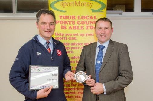 Pictured at last year's awards ceremony, Andy Steven from Moray Rugby Club receives the Club Level award from Sean Pitchard of Diageo. Picture: Moray Council.