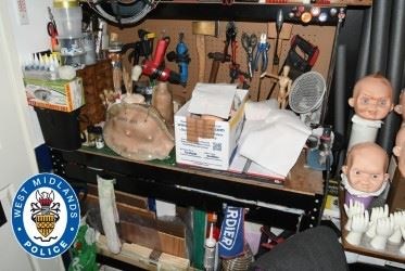 A workbench, tools and dolls’ heads found at the home of Nathan Maynard-Ellis and David Leesley in Tipton, where they killed and dismembered Julia Rawson (West Midlands Police/PA)