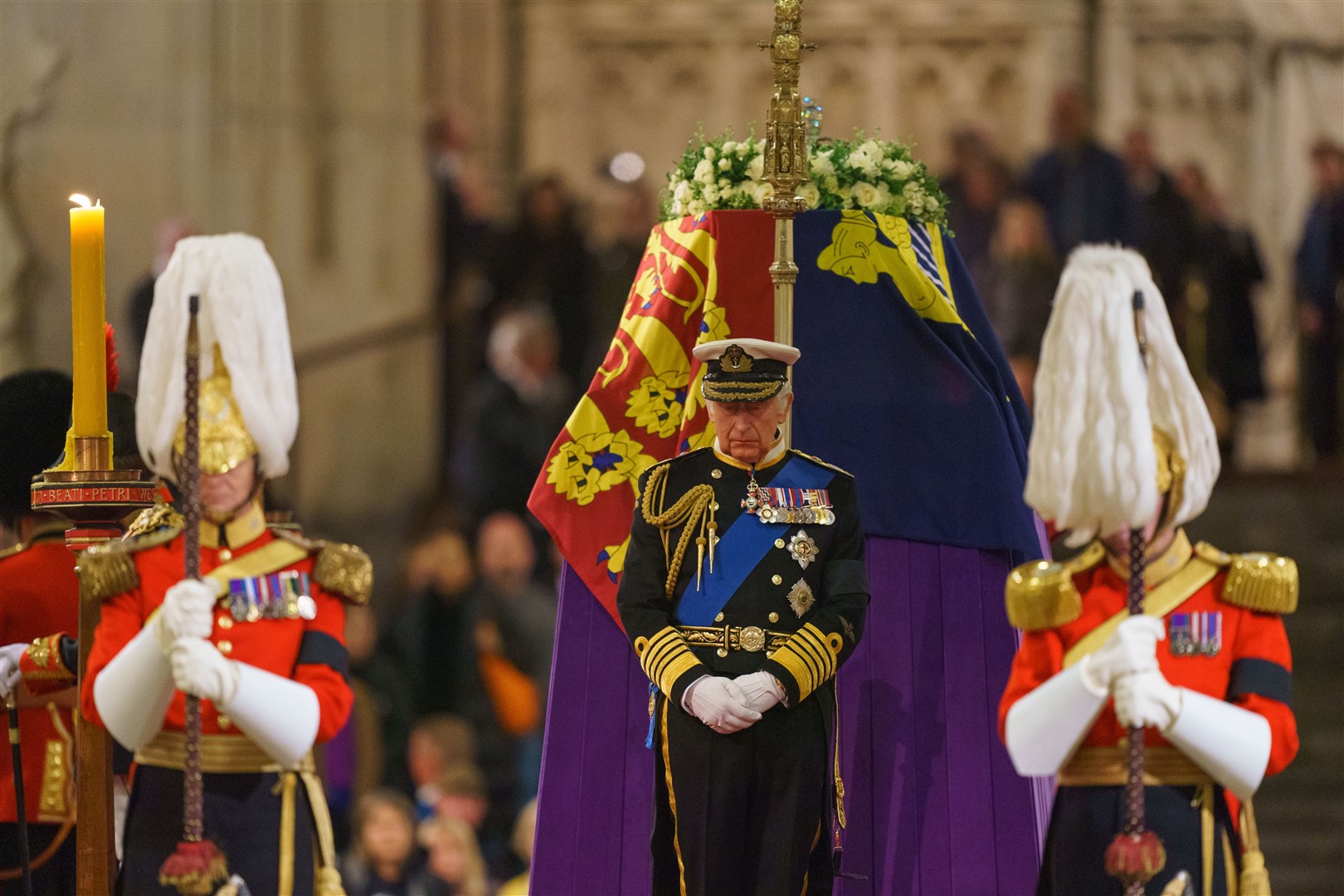 The King during hold a vigil beside the coffin of his mother, Queen Elizabeth II, during her lying in state in Westminster Hall (Dominic Lipinski/PA)