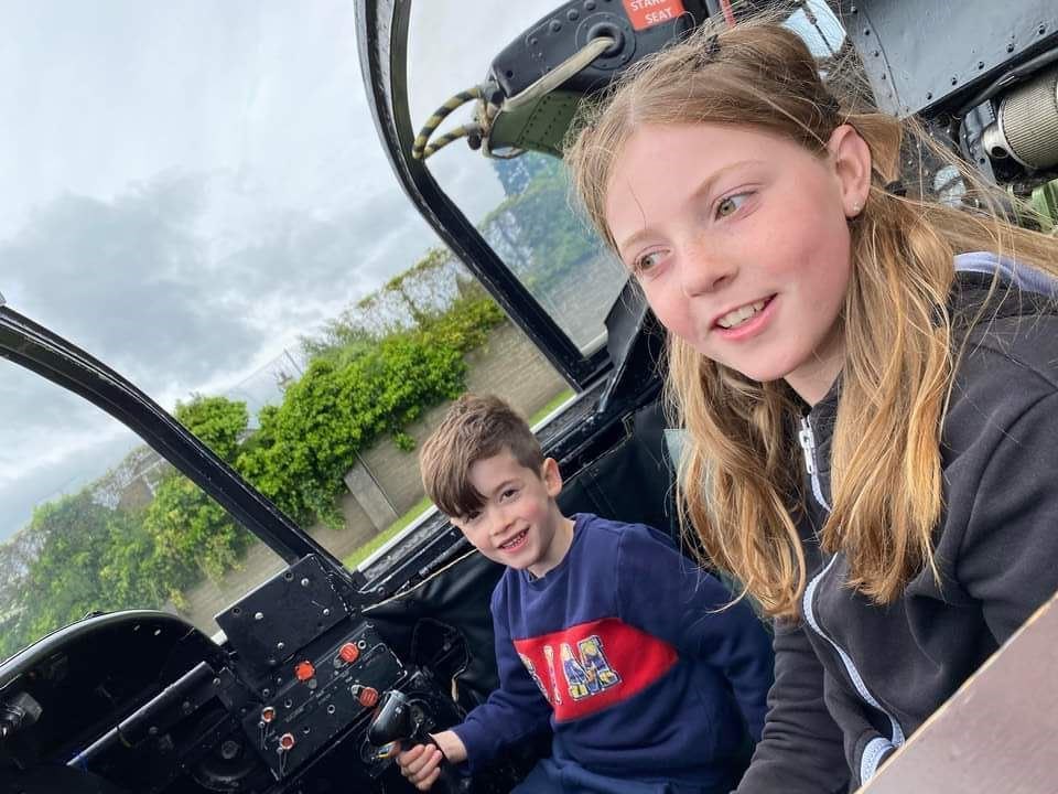 Logan and Kelsie Dickinson explore the plane cockpit from Morayvia. Logan will be starting P1 next term.