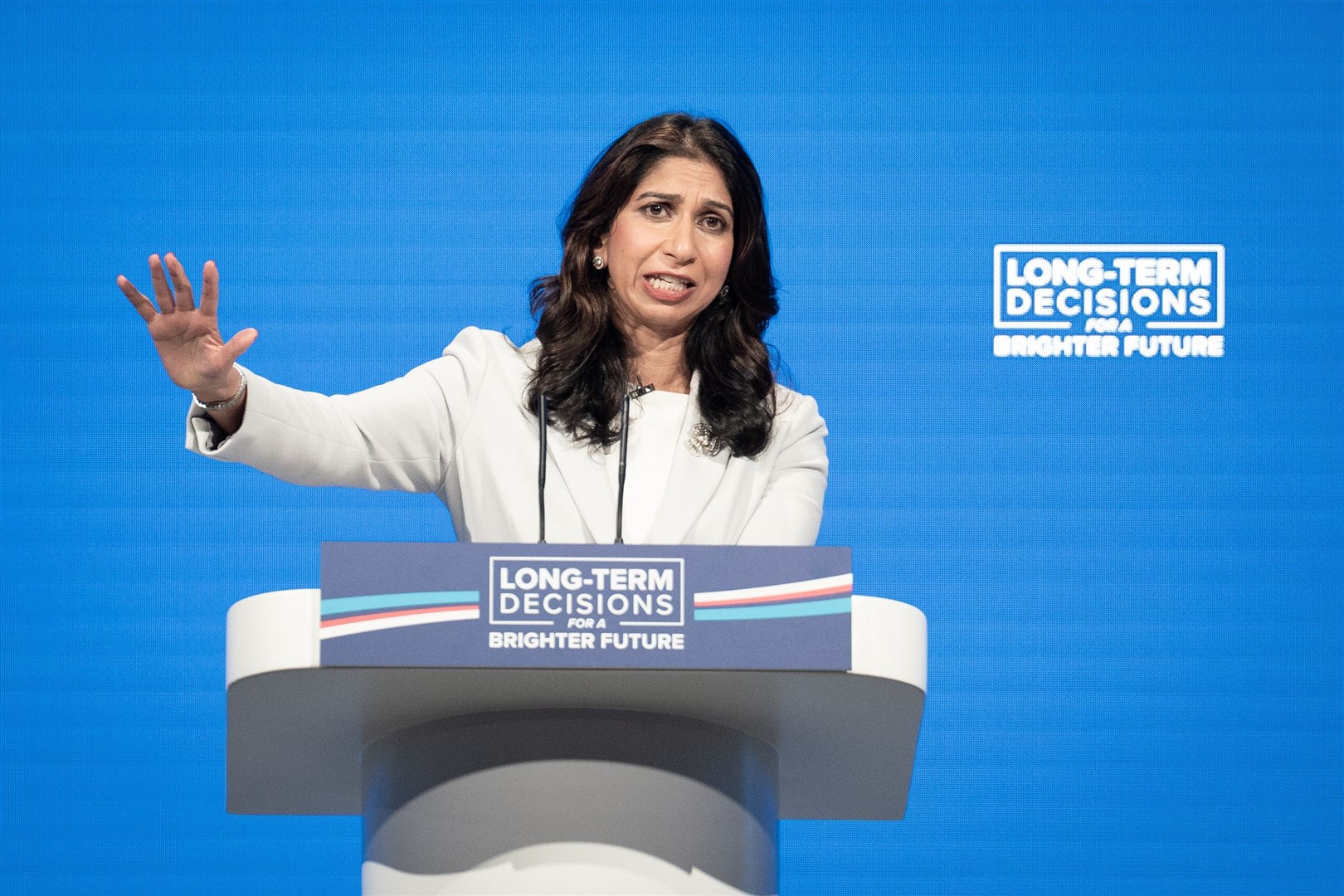 Ms Braverman address the issue of migration in her keynote speech to the Conservative Party annual conference in Manchester this month (Stefan Rousseau/PA)
