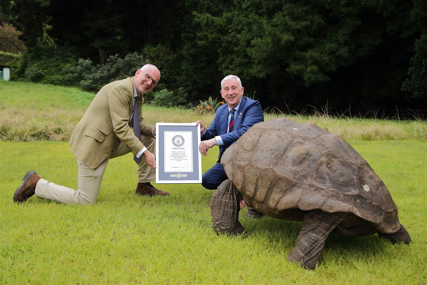 Sir Lindsay Hoyle with St Helena governor Nigel Phillips and Jonathan the tortoise (Damien O’Bey/St Helena Government/PA)