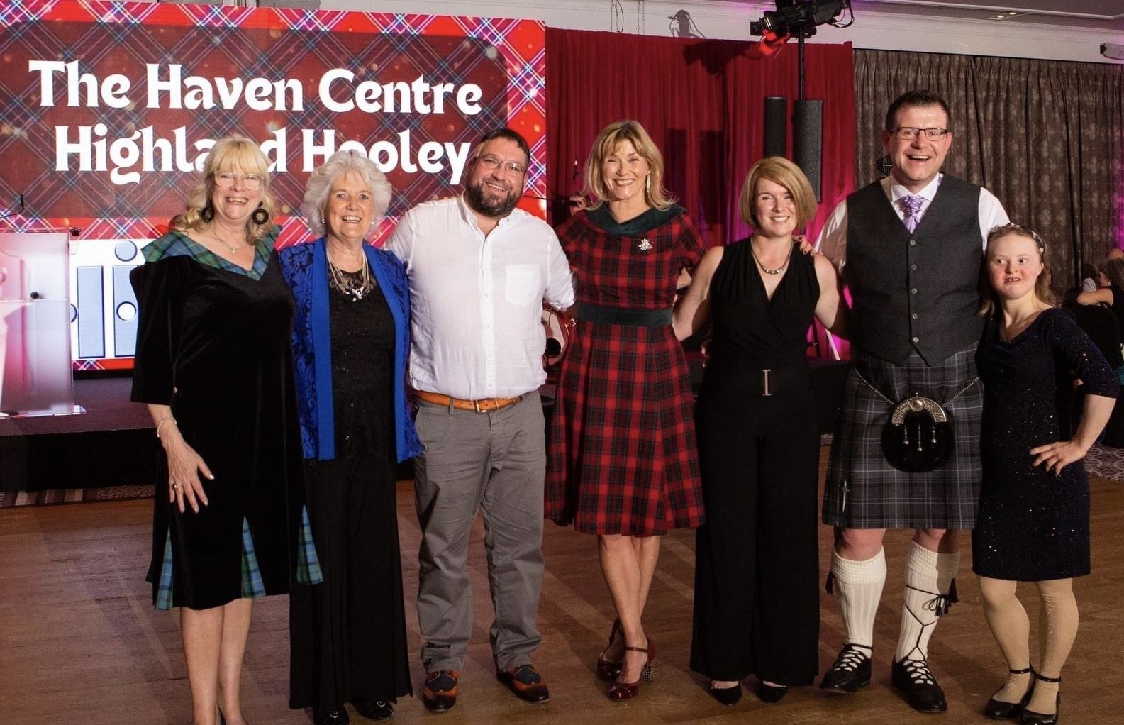 Elsie Normington (second from left) with main sponsors of the Haven Highland Hooley, Garry MacIntosh from Highland Industrial Supplies (third from left) and Thom MacLeod, Compass Building (second from right). Picture: Alison White Photography.