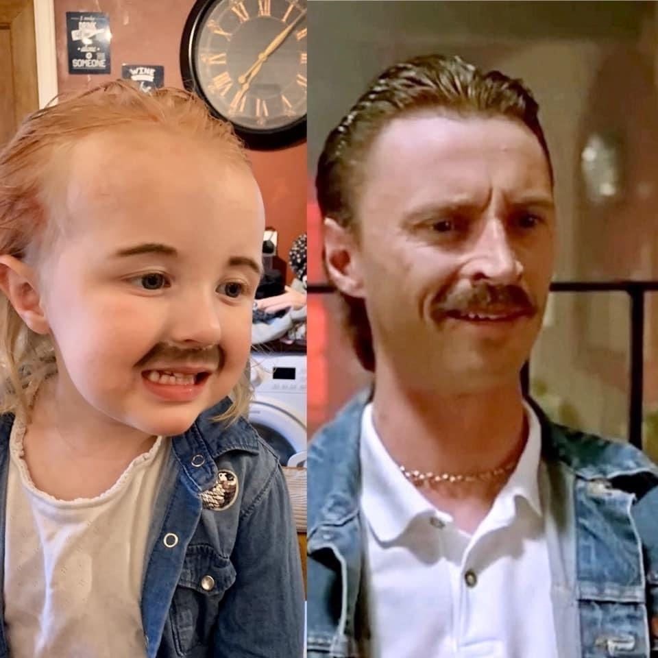 Sadie as Begbie from Trainspotting - she hasn't seen this film quite yet.