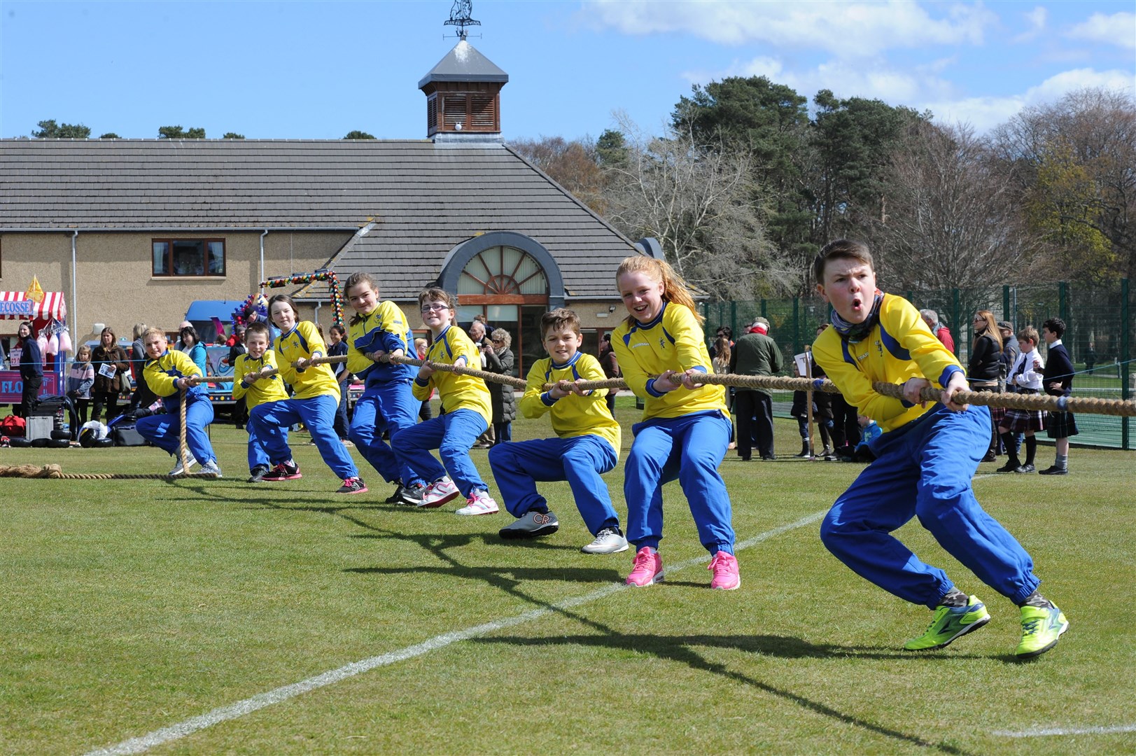A team from Rothes Primary take the strain in the tug o' war during last year's Games.