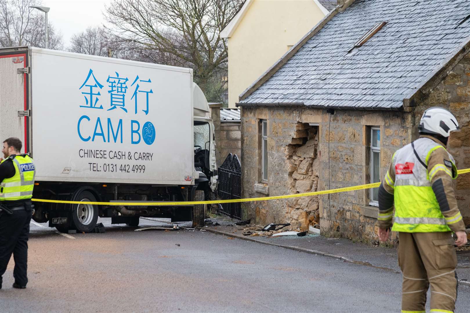The door of an Elgin property has been smashed in after being hit by a lorry...Picture: Beth Taylor.