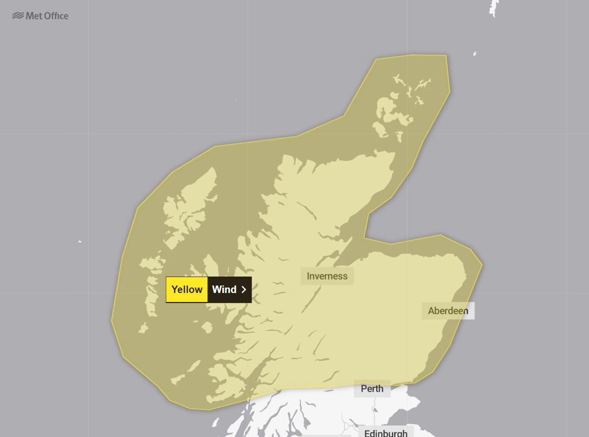 A yellow weather warning for wind has been issued by the Met Office.