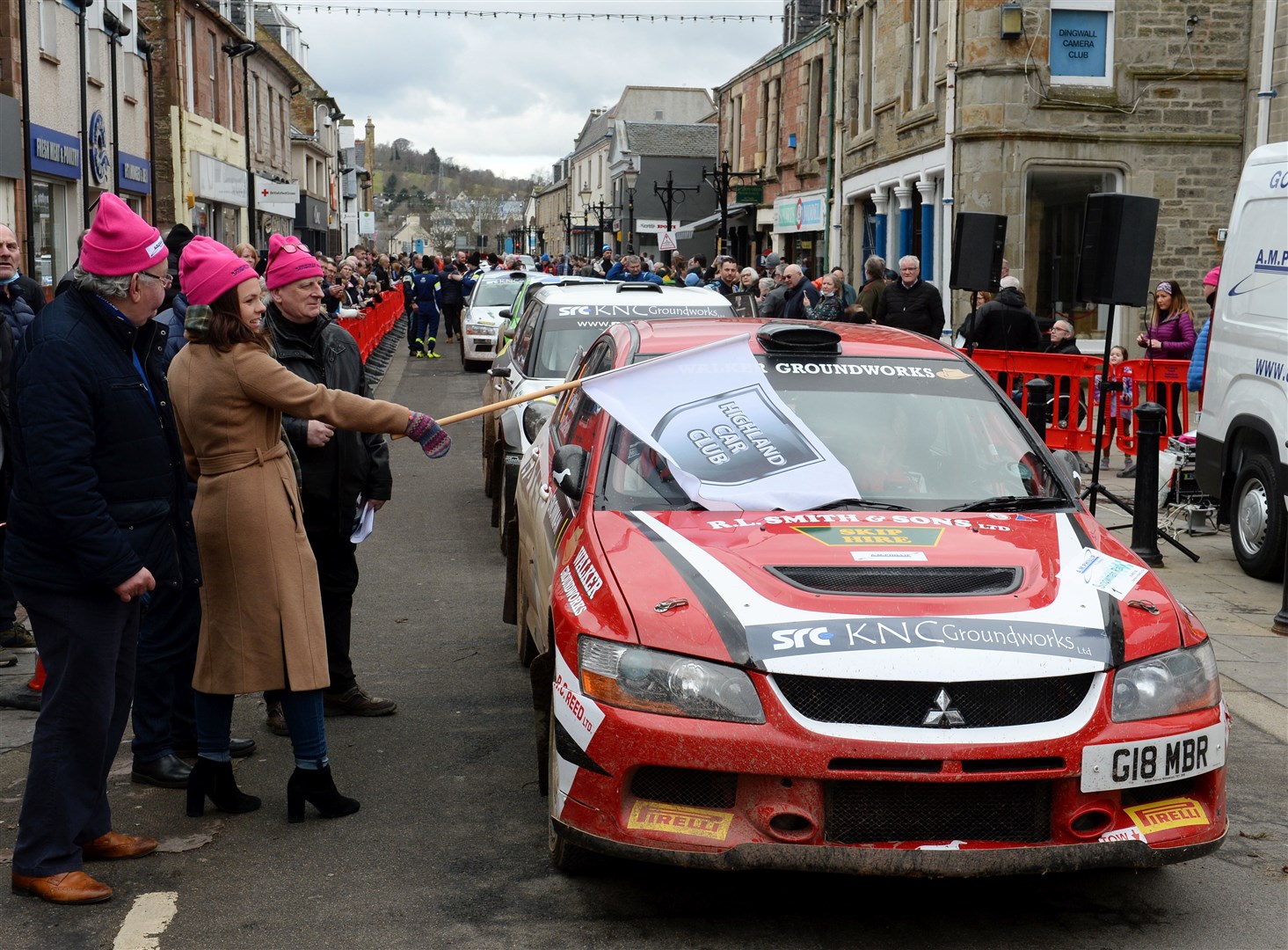Snowman Rally 2022.Rally parade on Dingwall High Street. Kate Forbes gets the cars moving. Picture Gary Anthony.