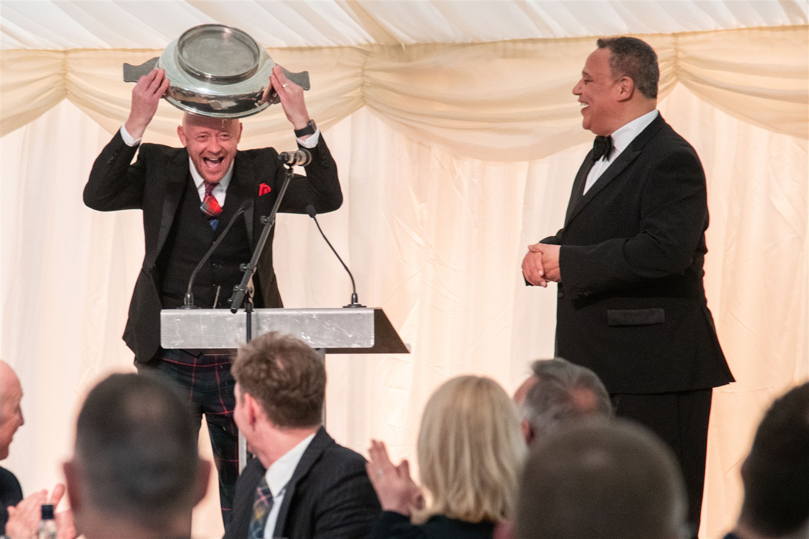 Festival chairman George McNeil drinks from the quaich to open the festival...2023 Spirit of Speyside Whisky Festival Opening Dinner, held at Dallas Dhu Distillery...Picture: Daniel Forsyth..