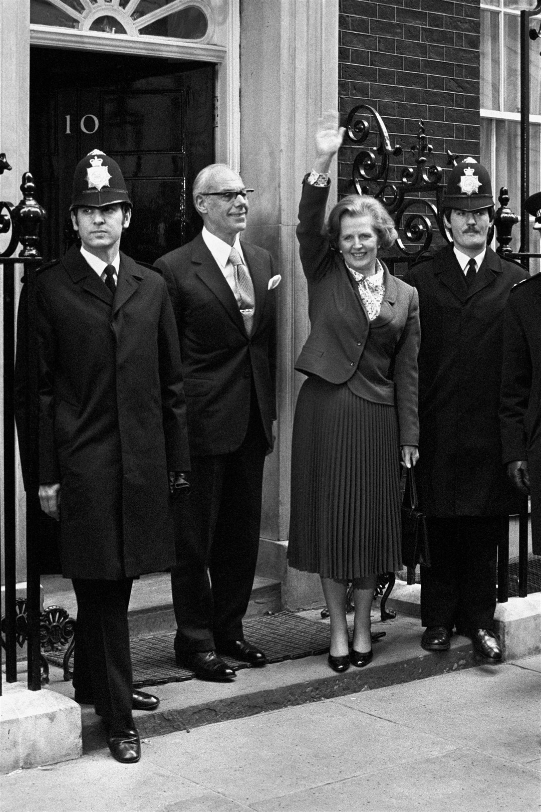 Margaret Thatcher arriving for the first time as prime minister at 10 Downing Street, London, with her husband Denis Thatcher (PA)