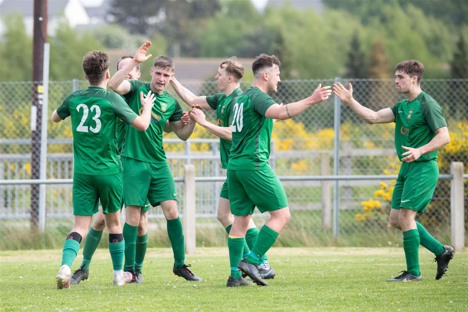 Dufftown celebrate their second half goal...Dufftown FC (2) vs Forres Thistle FC (2) - Dufftown FC win 5-3 on penalties - Elginshire Cup Final held at Logie Park, Forres 14/05/2022...Picture: Daniel Forsyth..