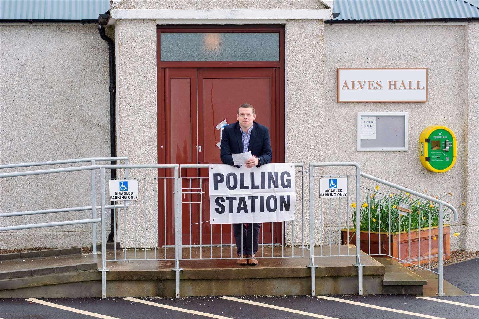 Moray MP and Scottish Conservative leader Douglas Ross arrives at the Alves Hall to cast his vote. ..Scottish Election Polling Day 2021...Picture: Daniel Forsyth....