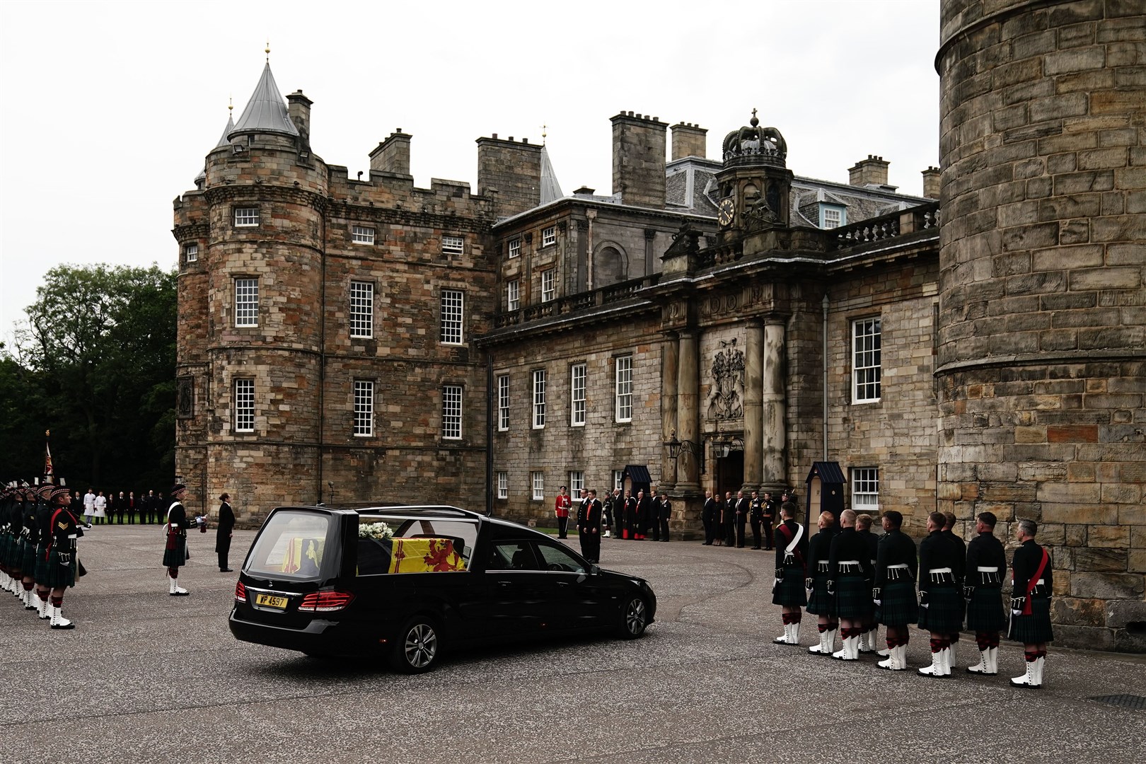 The hearse carrying the coffin of the Queen completes its journey from Balmoral to the Palace of Holyroodhouse in Edinburgh (Aaron Chown/PA)