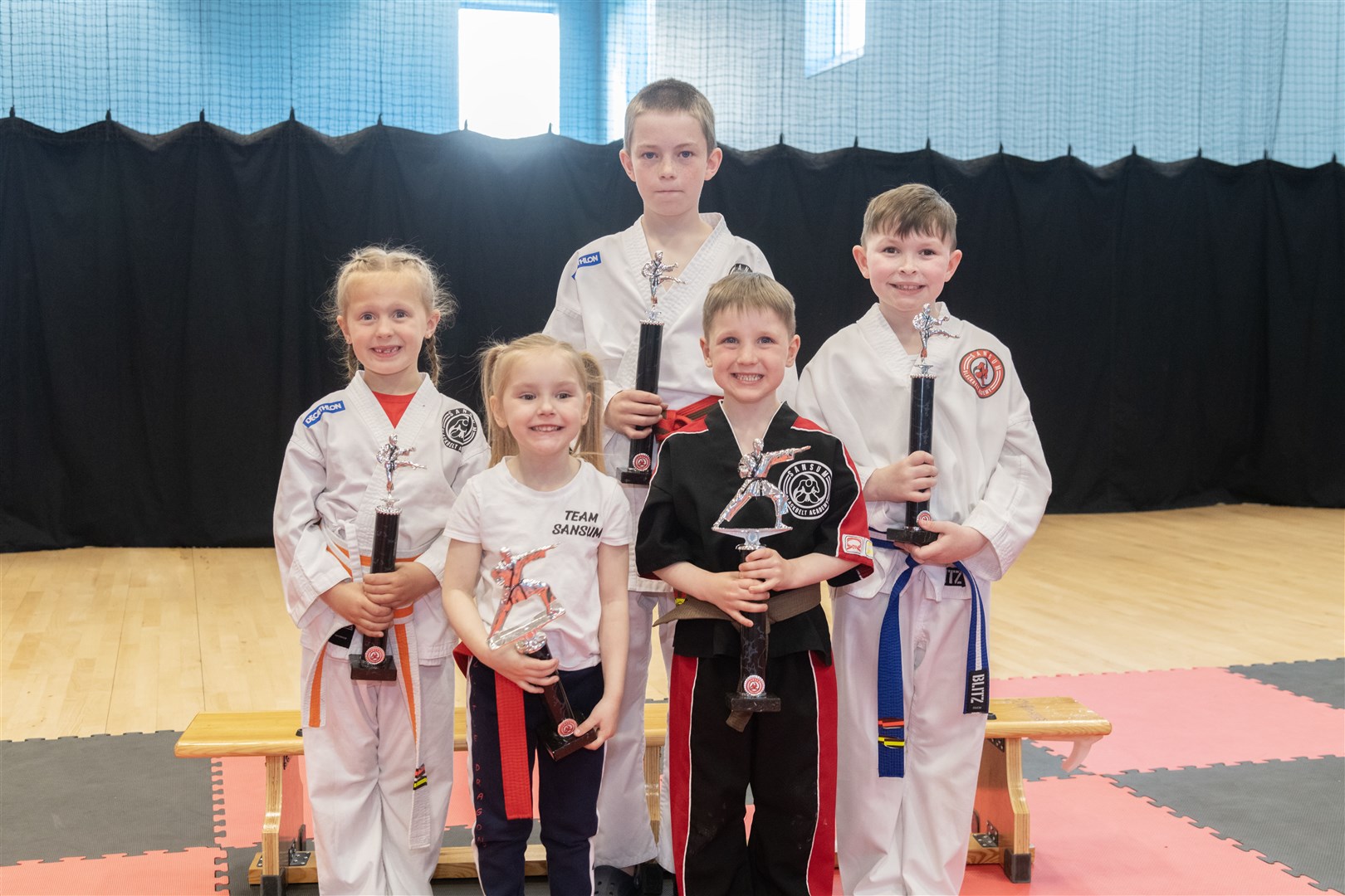 From left: Nieve Boyfield, Issac Munro, Oliver Walker, Abel Reid and Arrabella Ross were the junior trophy winners at Sansum's Spring Championship at Moray Sports Centre in Elgin...Picture: Beth Taylor.
