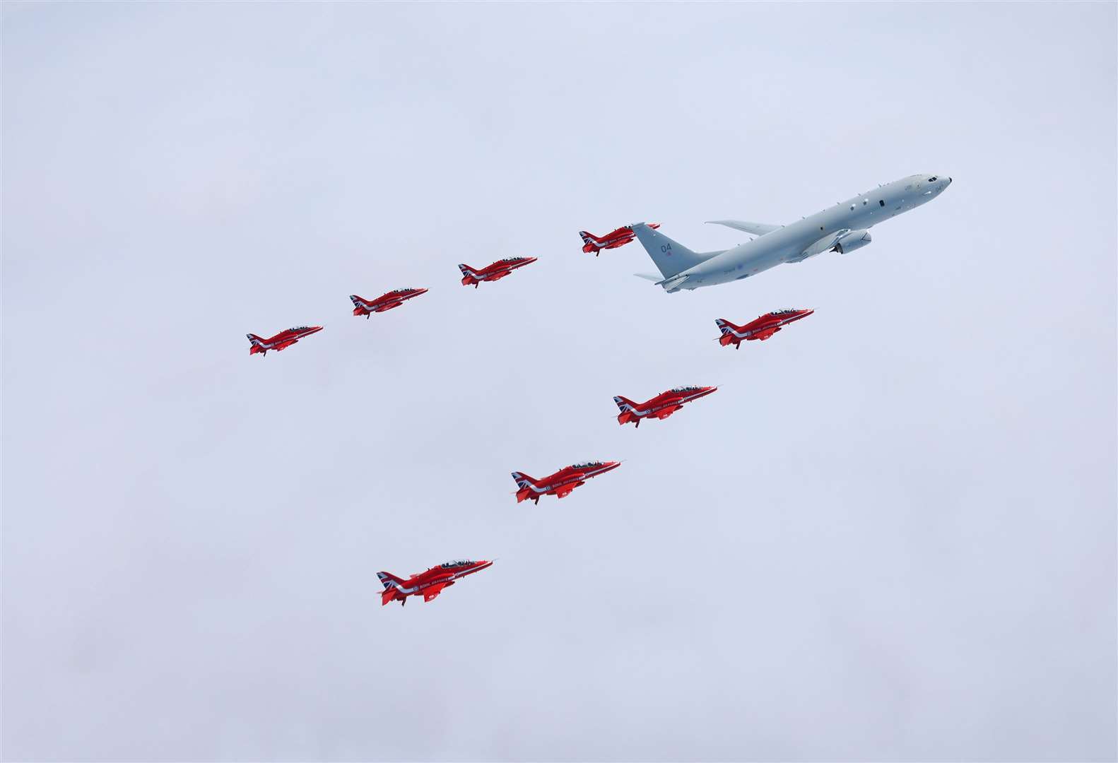 THE Royal Air Force’s new submarine-hunter aircraft flew in formation with the Red Arrows for the first time. Flying Hawk T1 jets, the team is based at RAF Scampton in Lincolnshire. Pictures: RAF