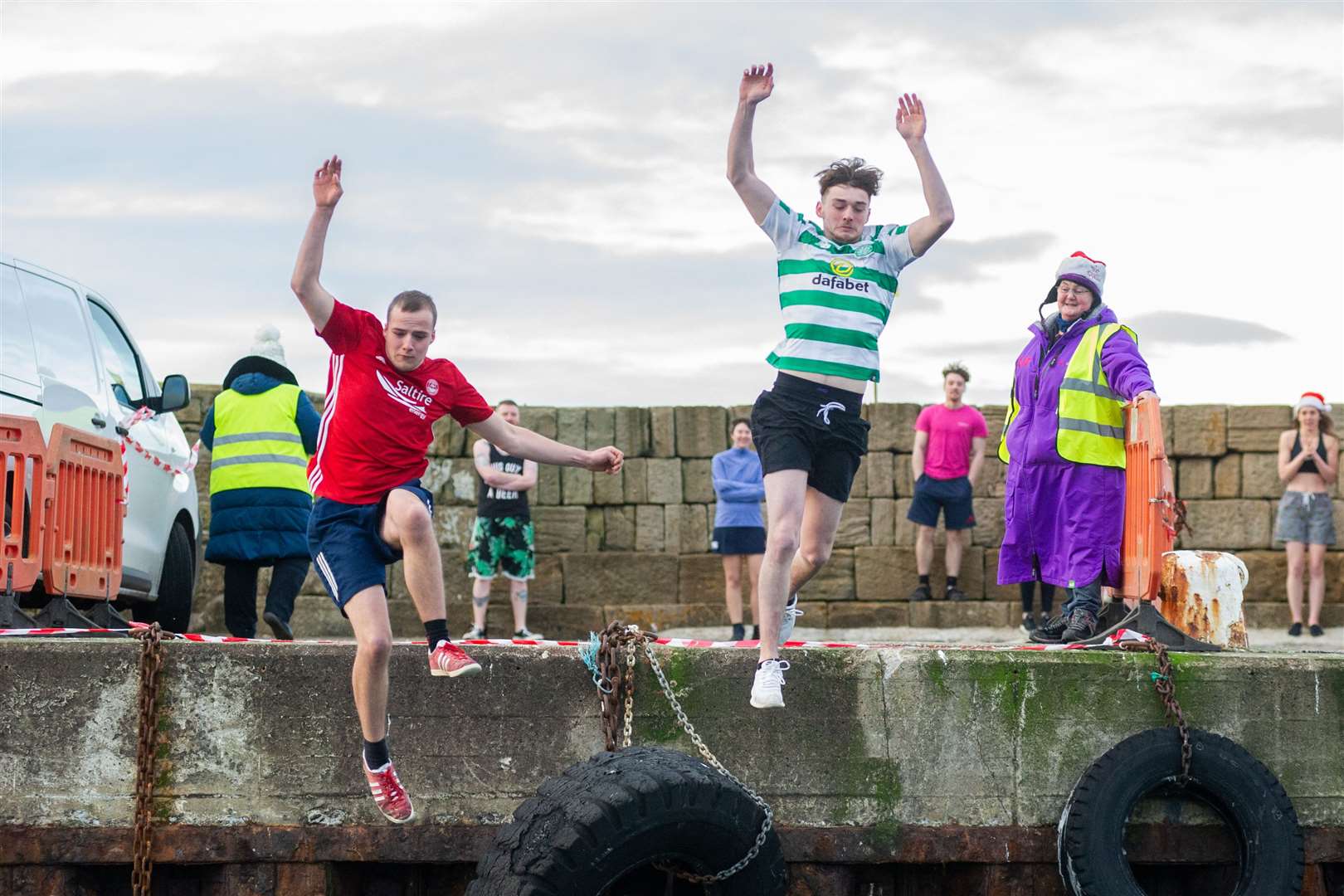 David Craib and Kyle Rowe..Burghead Boxing Day Swim 2021...Picture: Daniel Forsyth..