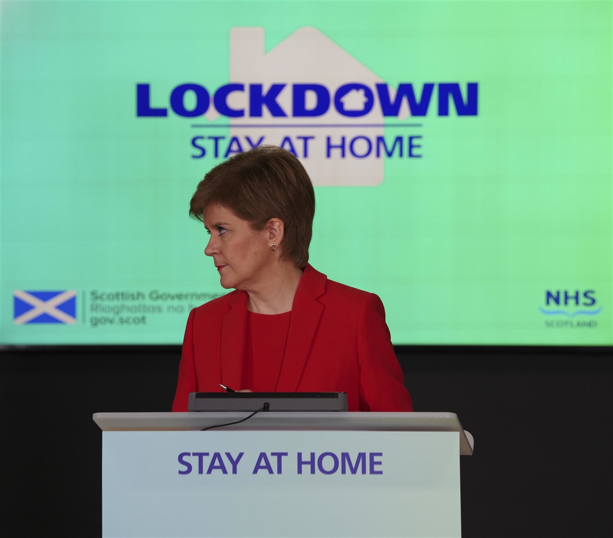 First Minister Nicola Sturgeon at a daily briefing earlier this month.