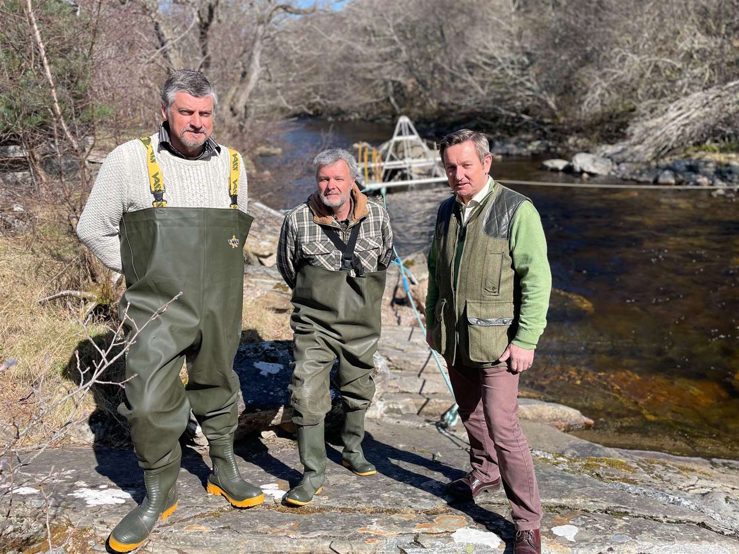 Spey Fishery Board biologists and director (From left-Steve Burns, Kevin Greensill and Roger Knight).