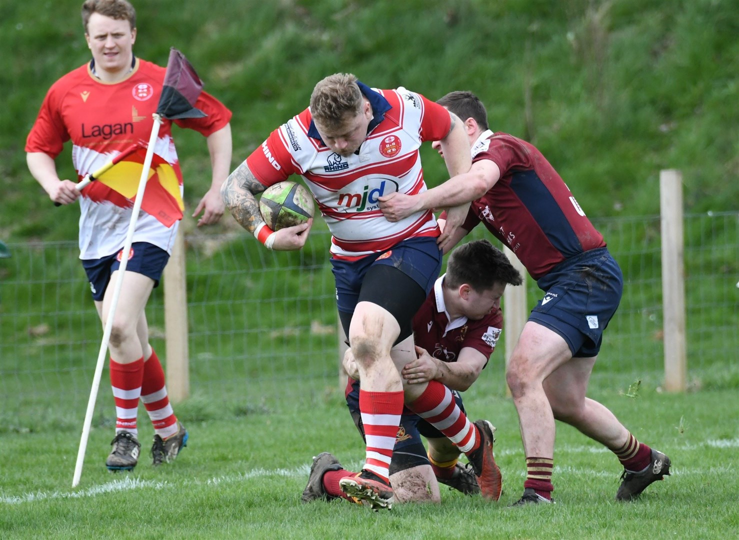 Lewis Scott tries to break a double tackle. Picture: James Officer