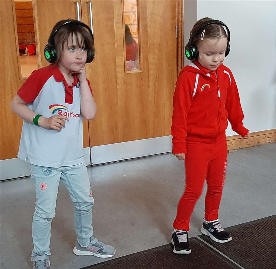Lossiemouth rainbows Aria Agar and Charley Donaldson enjoyed the silent disco.