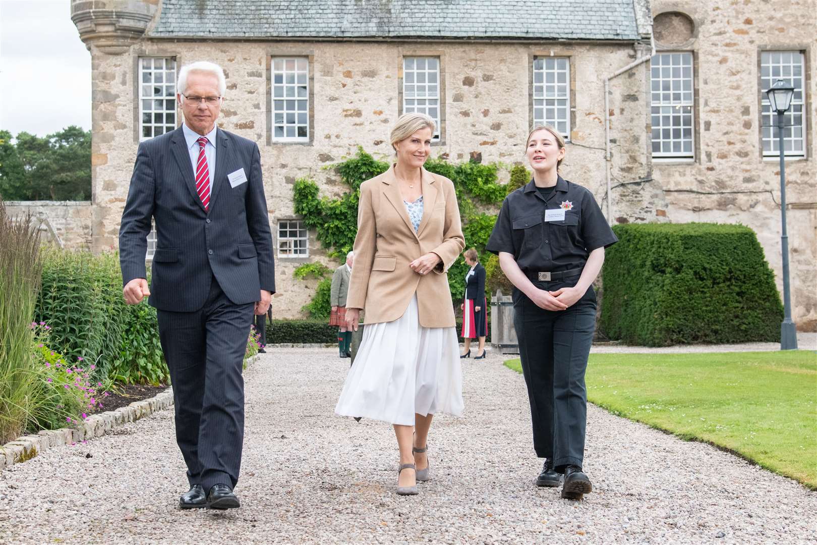 The Countess of Forfar walks to meet the Gordonstoun Fire service with Head of Senior School Richard Devey (left) and Year13 student and Captain of Fire Fadheela Redpath (right)...Prince Edward and Sophie, known as the Earl and Countess of Forfar when visiting Scotland, spend time at Gordonstoun School during their visit to Moray...Picture: Daniel Forsyth..