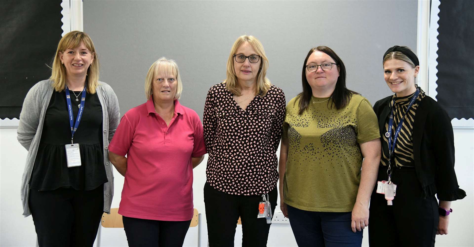 Hilary Reid (middle) with her fellow colleagues at Keith Primary for her last day. Picture: Beth Taylor.