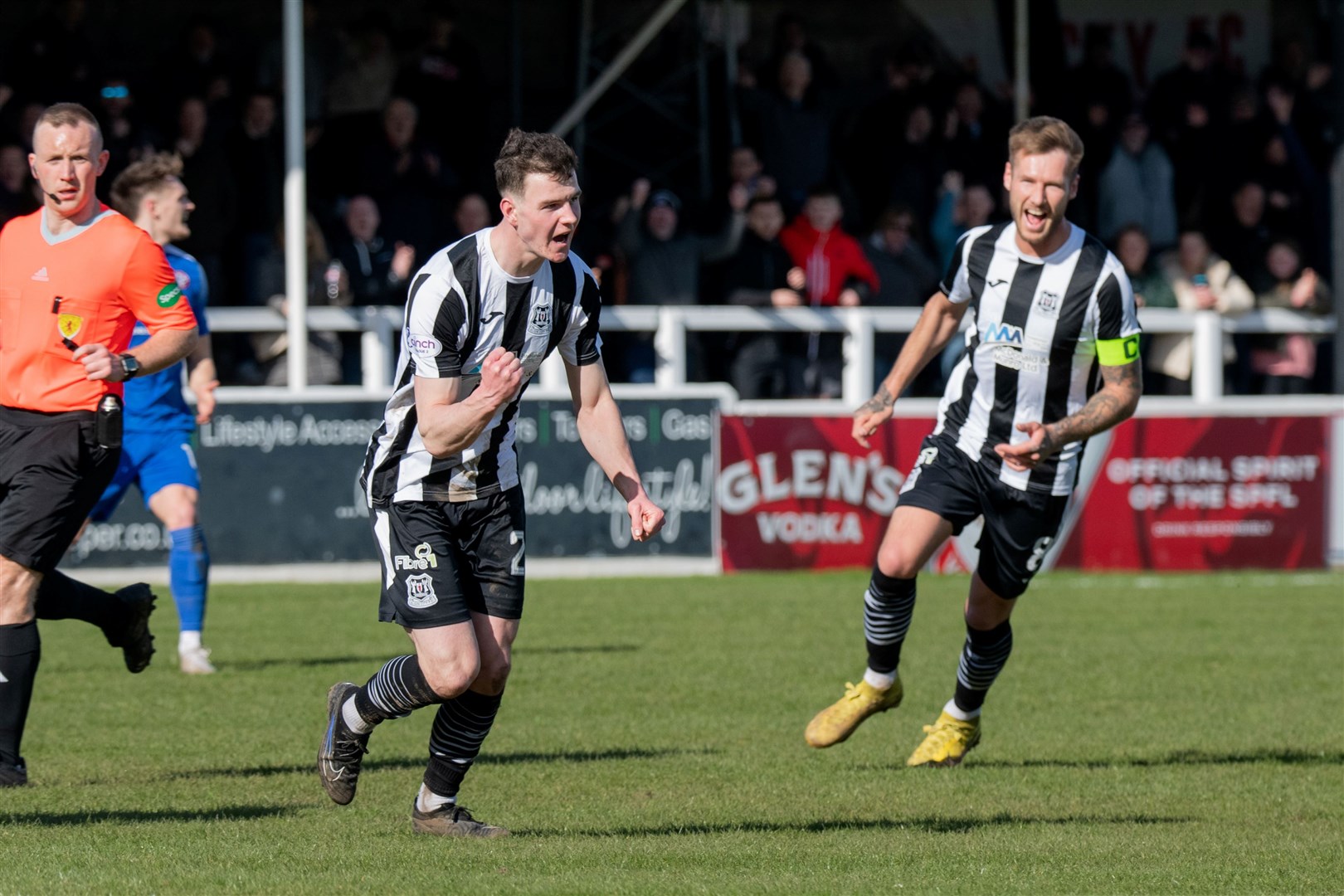 Ryan Macleman puts Elgin ahead with a great second half strike. Elgin City FC (2) vs The Spartans (2) - SPFL League Two 23/24 - Borough Briggs, Elgin 06/04/24.Picture: Daniel Forsyth.