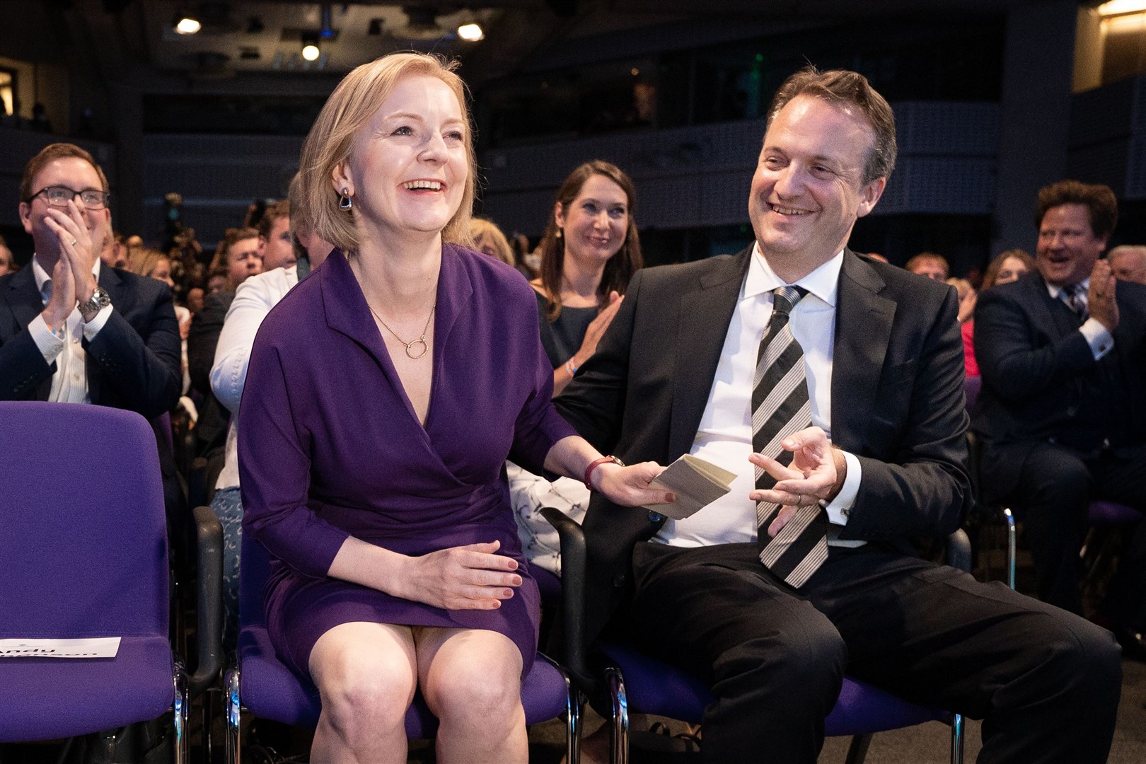 Liz Truss and her husband Hugh O’Leary at the Queen Elizabeth II Centre in London before the announcement of the Conservative Party leadership contest (Stefan Rousseau/PA)