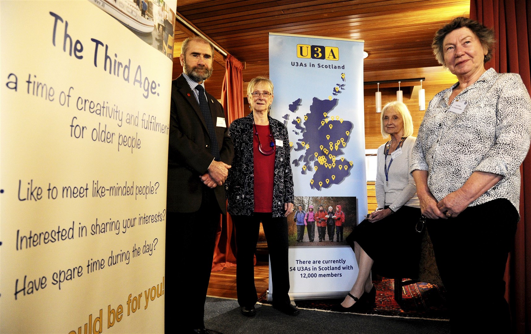 Gathered for the Scottish Assembly of the U3A, held in Elgin Town Hall yesterday, are (from left) Glen McDonald, of Poppy Scotland with U3A's Eve Kersley, Elgin, national chair Kath Payne and trustee Ann Keating. Picture: Eric Cormack.