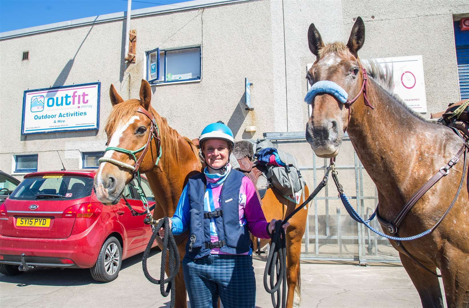 Claire Alldritt, chair of Outfit Moray, called in at Lossiemouth-based charity with Yogi and Swift on their latest long-distance trek, from Fort William to Keith, taking in the Moray Coast Trail. Picture: Becky Saunderson.