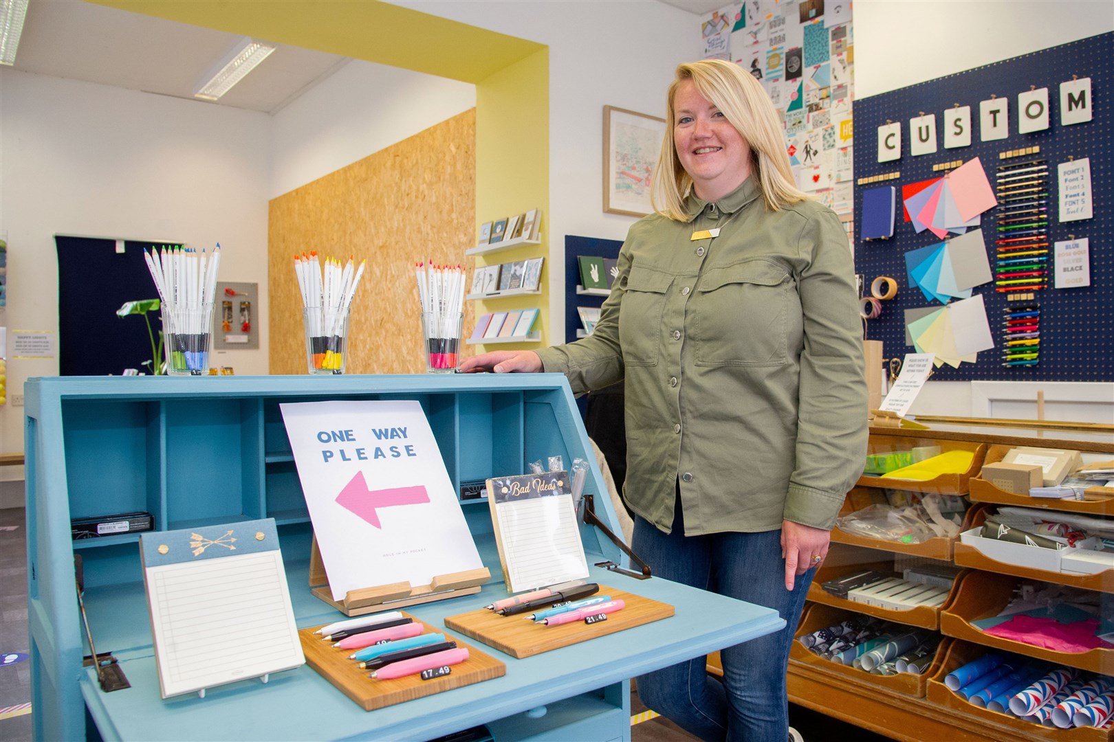 Like many businesses, Sarah Holmes of Pencil Me In, has implemented safety measures after re-opening her Batchen Street shop this week. ..Picture: Daniel Forsyth..