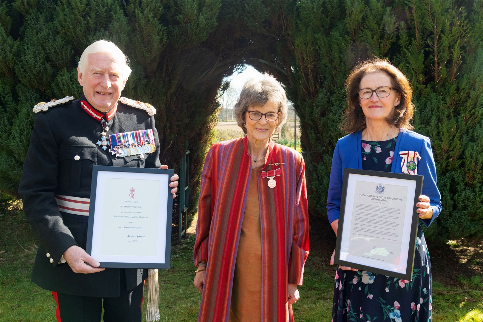 Veronica MacLean BEM alongside Lord-Lieutenant of Moray, Seymour Monro and Moray's Vice Lord-Lieutenant Nancy Robson who presented her medal. Picture: Beth Taylor