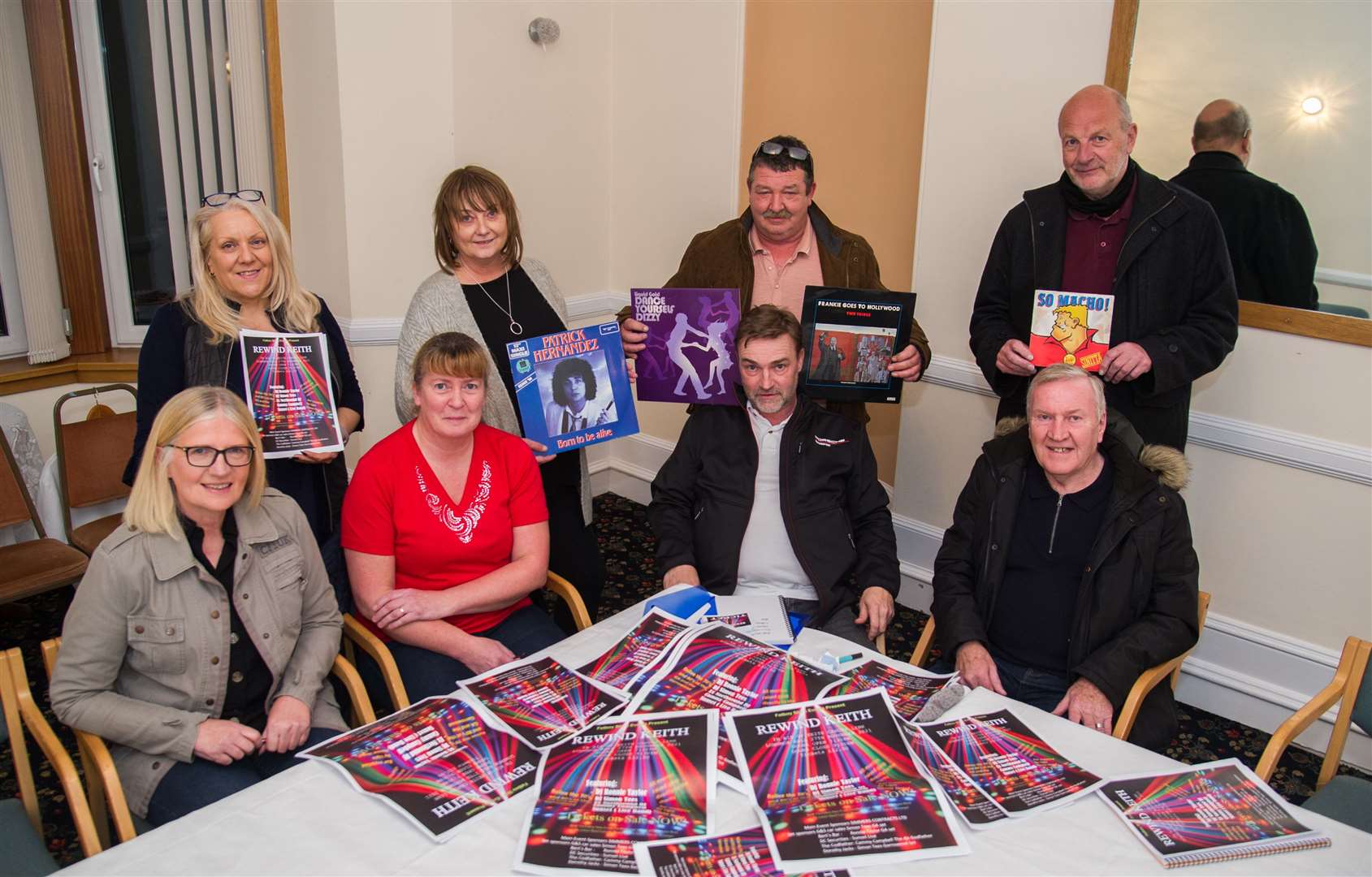 Organisers and supporters of Rewind Keith, (from left) Brenda Law, Hazel Lawson, Gillian Shivas, Mhorag McKenzie, Simon Tees (seated), Ronnie Taylor, Dan McLaren of Sunset (seated), and Cammy Campbell. Picture: Becky Saunderson.