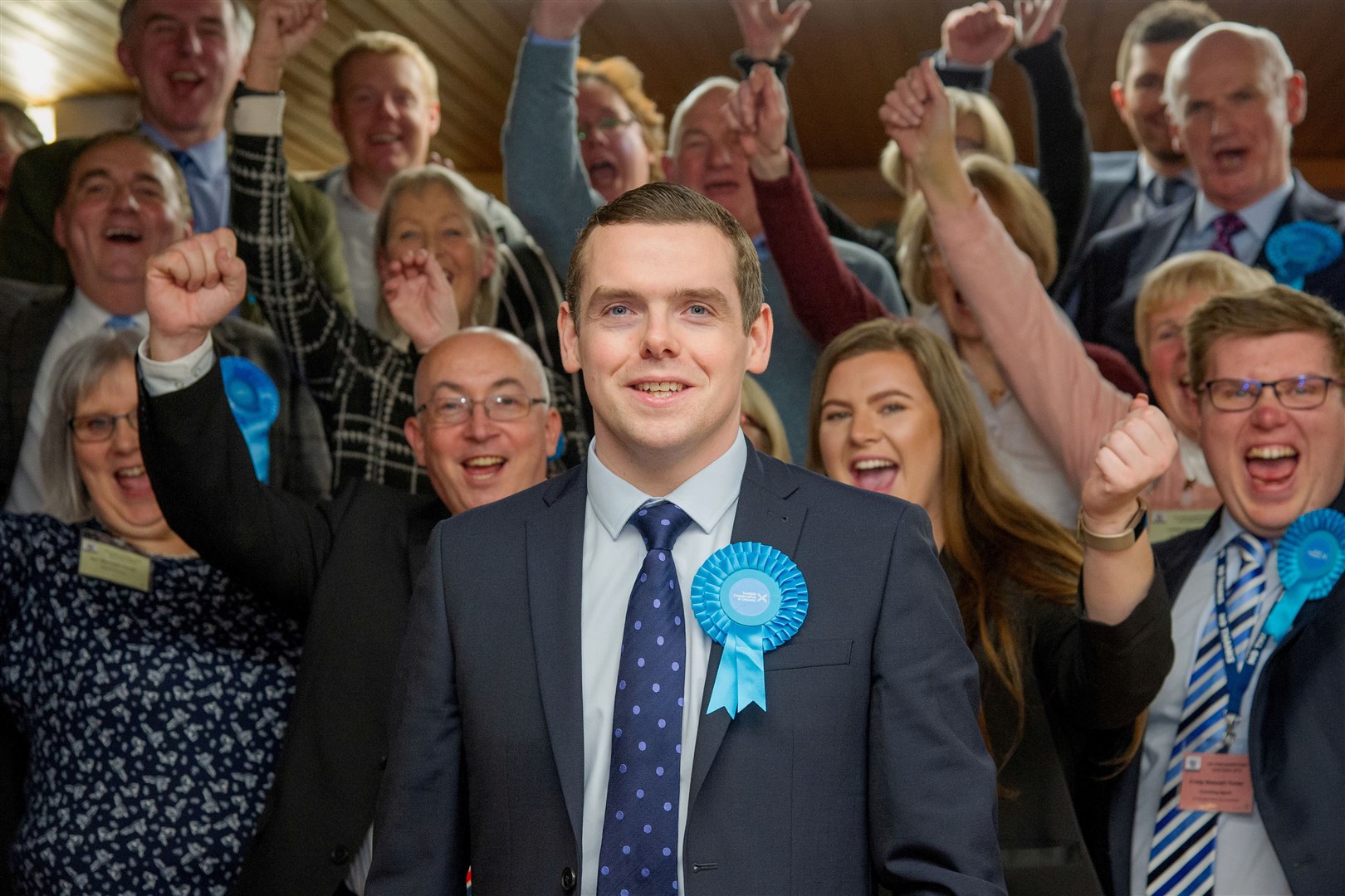 Supporters of Scottish Conservative Douglas Ross celebrate after he retained his place as Moray's MP last week. Picture: Daniel Forsyth.