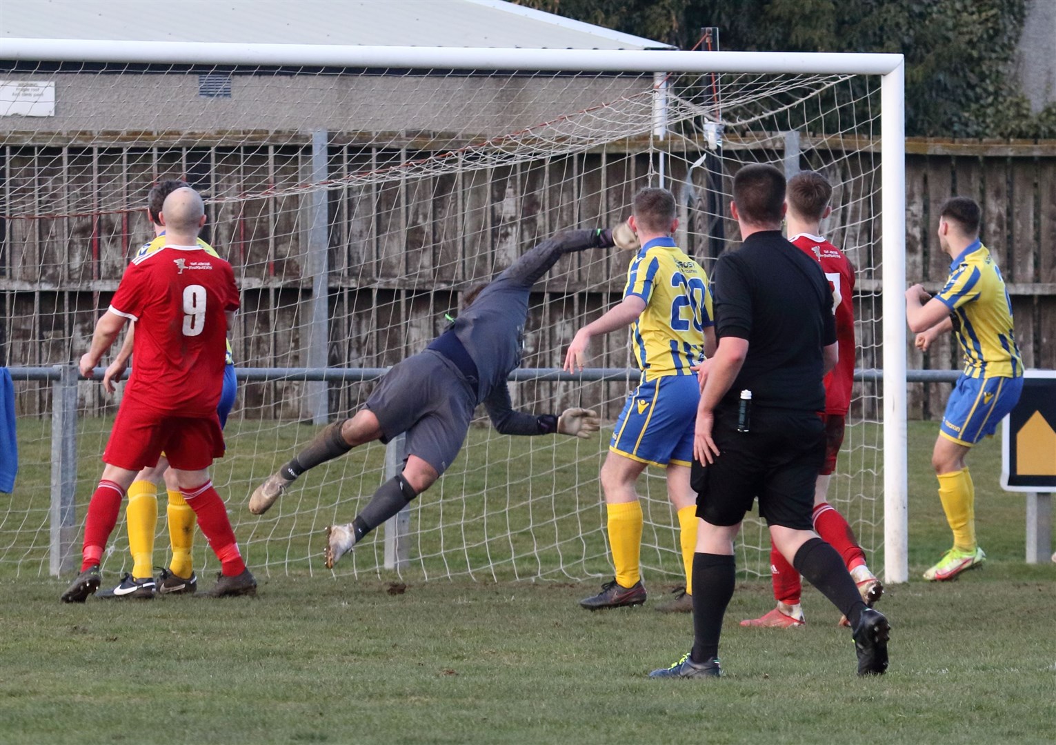 Max Stewart's first free kick curls beyond Andy Reid's reach to get Deveronvale back to 2-2 late in the game. Picture: David Porter