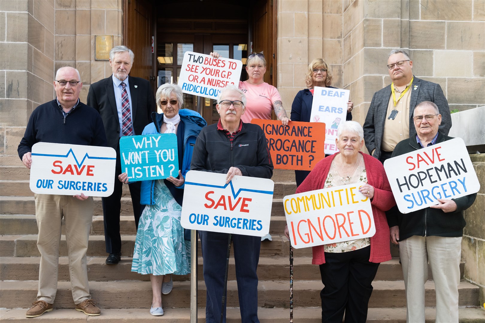 Save Our Surgeries campaign group protesting outside the Moray Council ahead of the Moray IJB meeting. Picture: Beth Taylor