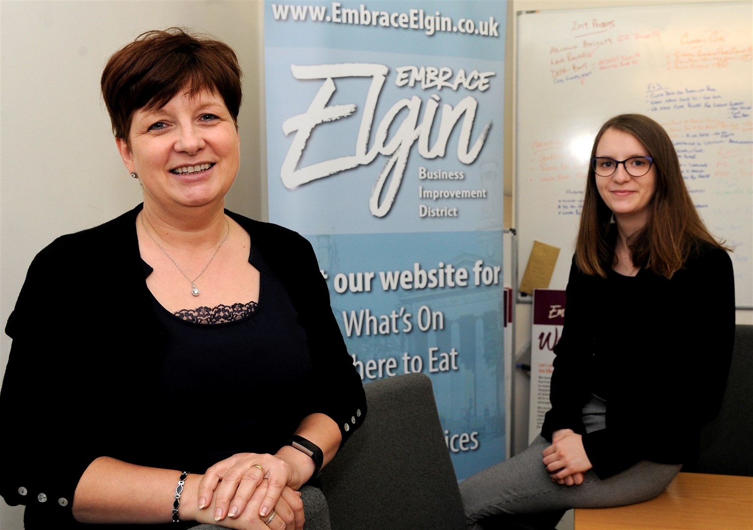 Elgin BID chief executive Gill Neill (left) and office and social media assistant Tina Mainland.