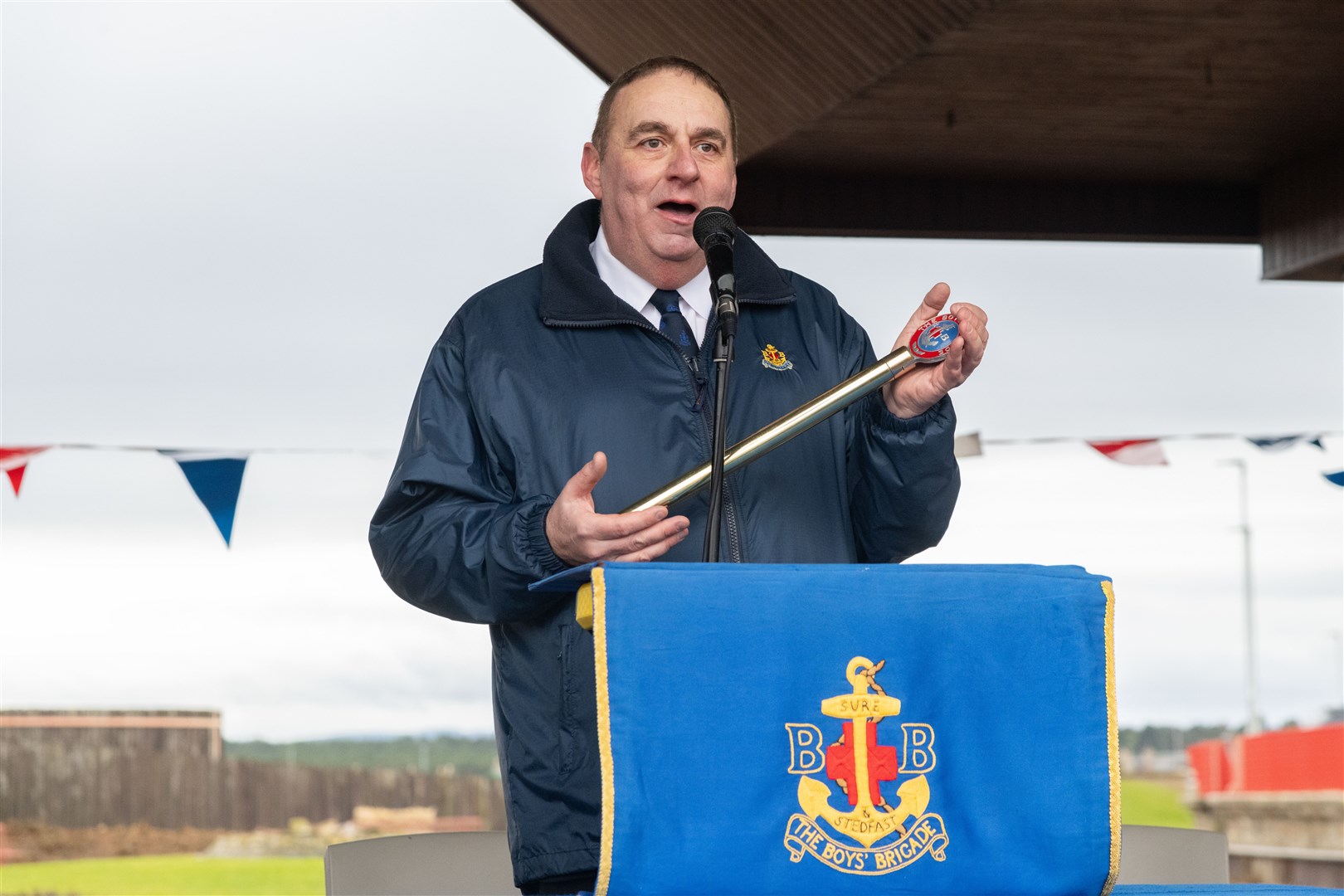 James Allan (Lossiemouth) says a few words after receiving the King's Baton. ..Boys' Brigade 140th anniversary in Lossiemouth...Picture: Beth Taylor.