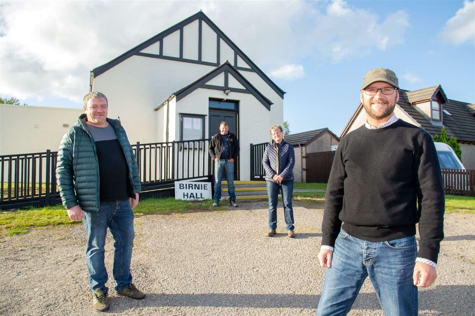 Left to Right: Cammy Milne (painter), Kenny Green (painter), Jill Geach (volunteer), Kenny Morran (chairman Birnie Hall). The Birnie Hall was granted £10,000 to upgrade the outside of the hall. The Bell Group (Painters) are providing paint and painting everything free of charge. Picture: Daniel Forsyth