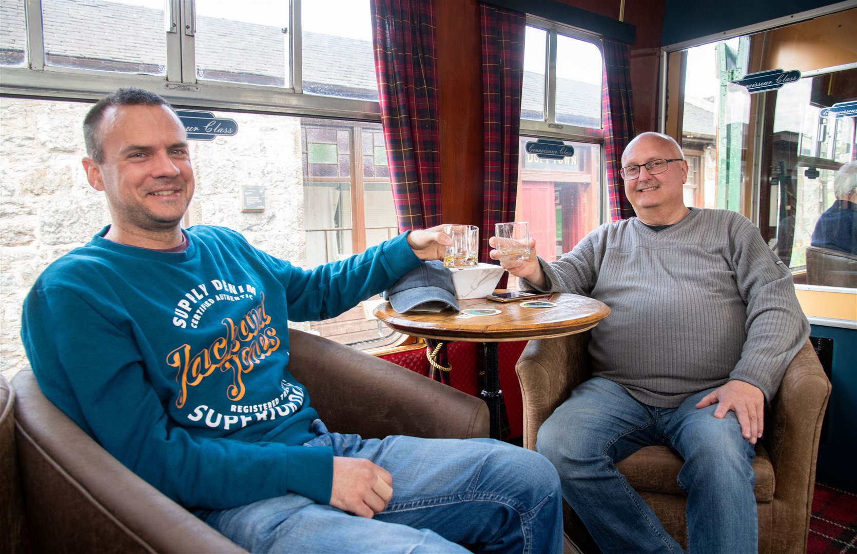 Mueck Felix (left) and Matthias Trumper (right) on the Dram Train.Spirit of Speyside Whisky Festival Dram Tram from Dufftown to Keith.Picture: Daniel Forsyth.
