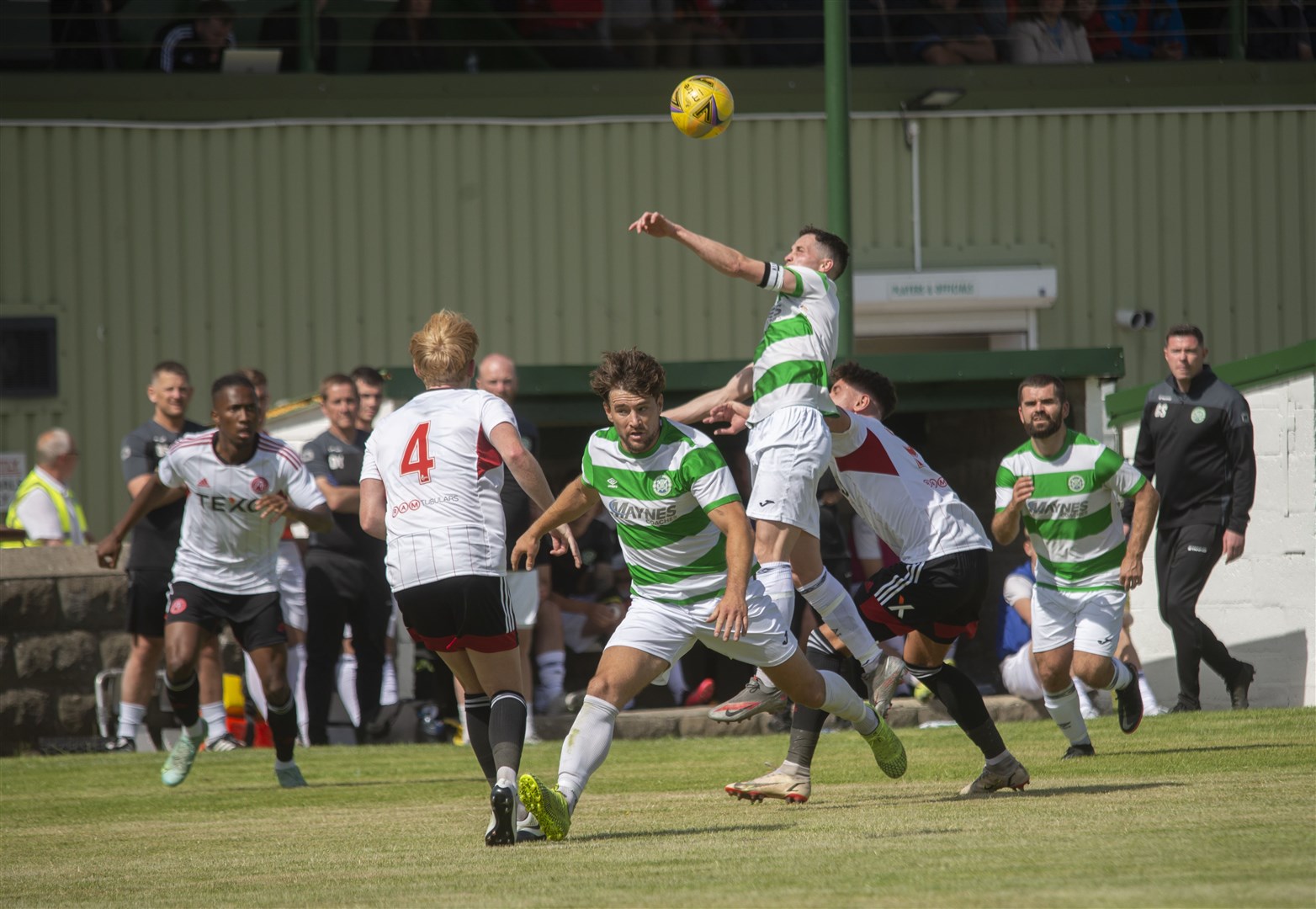 Jags skipper Kevin Fraser climbs his to win this header. Picture: Allan Robertson